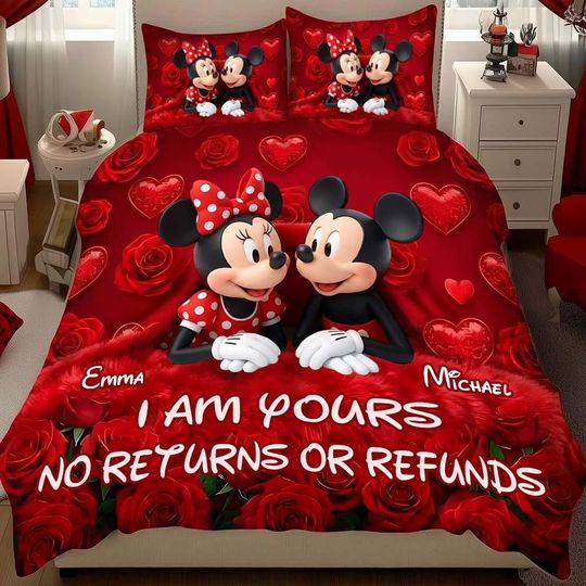 Discover Personalized Disney Couple Quilt Bedding Set, Disney Mickey and Minnie Valentine Quilt Blanket & Pillowcases, Gift for Mickey Lover, Him Her