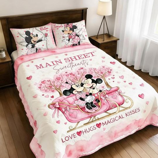 Disney Main Street Bedding Quilt Set Blanket, Mickey Minnie Valentine Blanket,Disney Sweethearts,Disney Valentine Couple Main Street Blanket