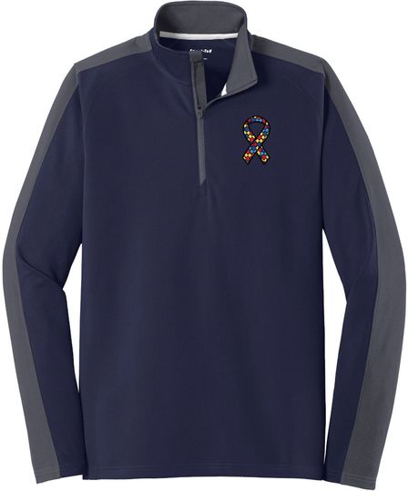 Autism Awareness Ribbon Chest Print Textured 1/4 Zip Pullover Sweatshirt