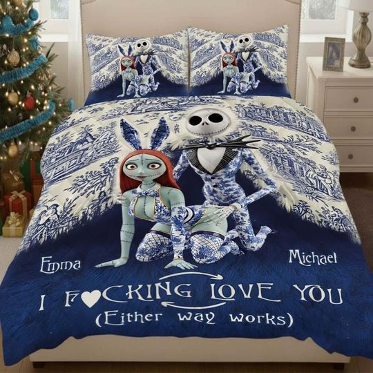 Personalized Toile De Jouy Couple Set, Funny Intimate Bedding Set, I Fucking Love You Chinoiserie Pillow Duvet Cover