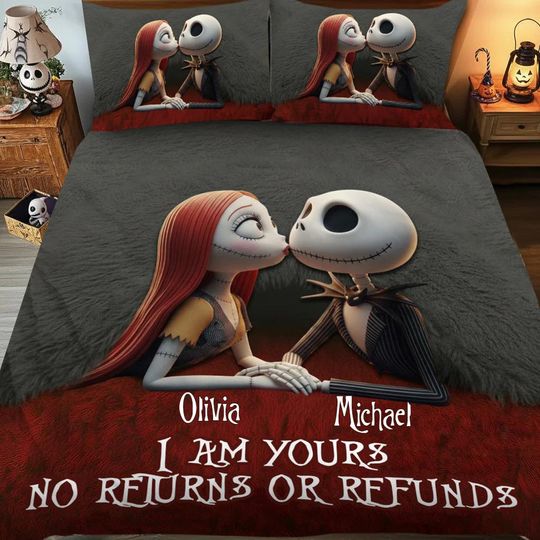 Discover Personalized Skeleton Couple Quilt Set, Funny No Returns Or Refunds Bedding Set, Kissing Skulls Gothic Pillow Duvet Cover Gift ipatujak00506