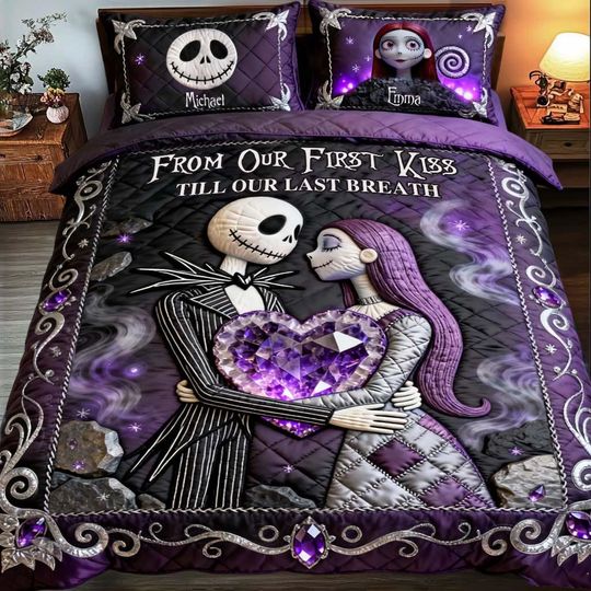 Discover Personalized From Our First Kiss Quilt Set, Skull Couple Gothic Bedding Set, Crystal Purple Valentines Pillow Duvet Cover ipatujak00490
