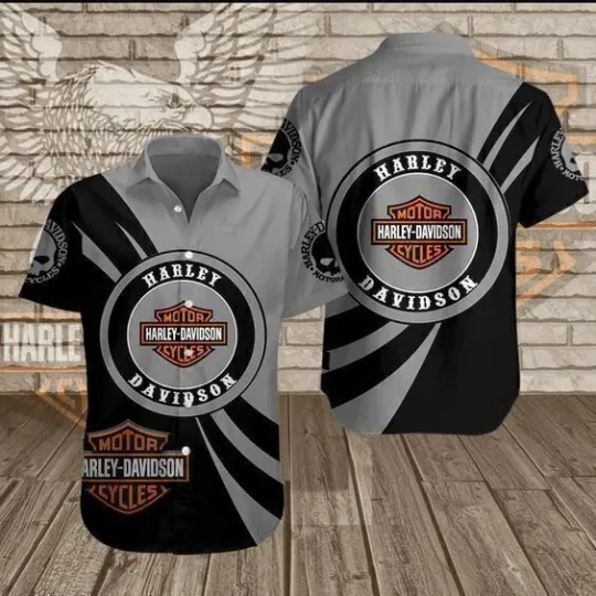 Discover Custom Name Haarleyy Davidson Hawaiian Shirt Grey 3D Motorcycle Aloha Button Up