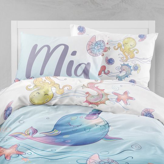 Narwhal Organic Twin Duvet Cover Set: Sea Girls Room Bedding