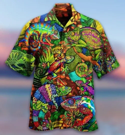 Discover Chameleon Tropical Flowers Print Hawaiian Shirt