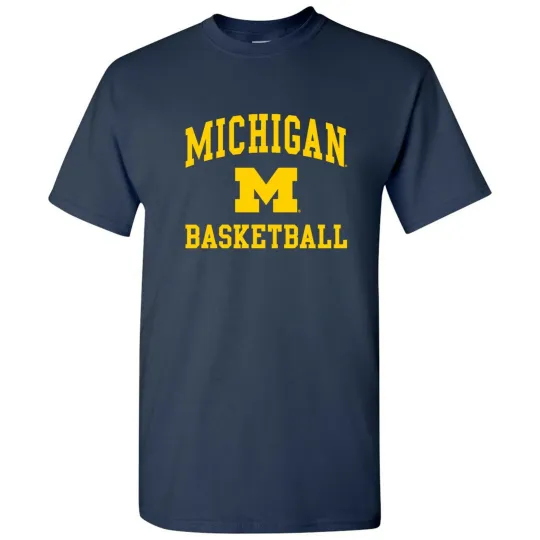 Discover Michigan Wolverines Arch Logo Basketball T-Shirt Navy