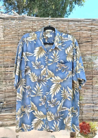 Discover Vintage Designer Tropical Shirt Sz XL Blue Gray Leaf Luau Party Vacation Travel