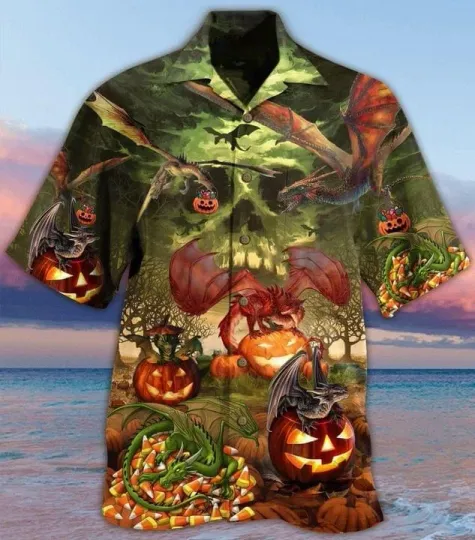 Discover Halloween Pumpkin And Dragon Print Hawaiian Shirt