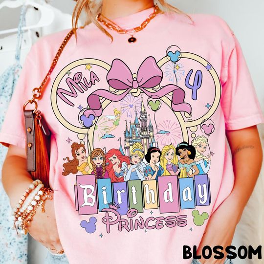 Discover Custom Name Age Disney Princess Coquette Bow Shirt, Personalized Birthday Girl Tee, Disney Castle Shirt, Disneyland Princess Birthday Gift