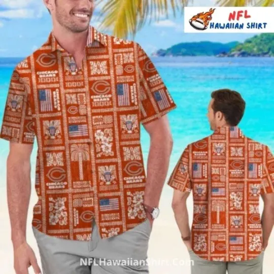 Discover Chicago Football Vintage Patchwork Aloha Rustic Orange Hawaiian Shirt