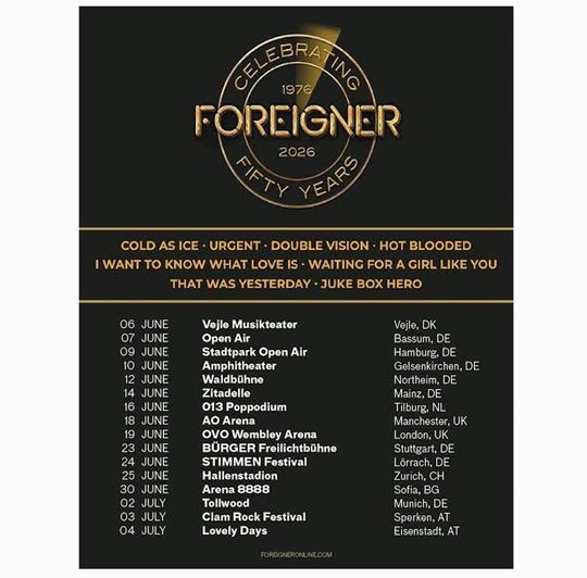 Discover Foreigner Celebrating Fifty Years Tour 2026 Poster