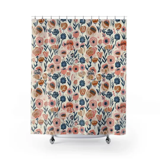 Discover Hand Drawn Floral Pattern Shower Curtain | Pink Navy Wildflowers