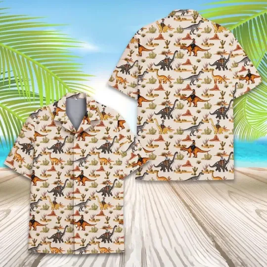 Discover Dinosaur Print Hawaiian Shirt Jurassic Theme Outfit for Adults and Kids Family