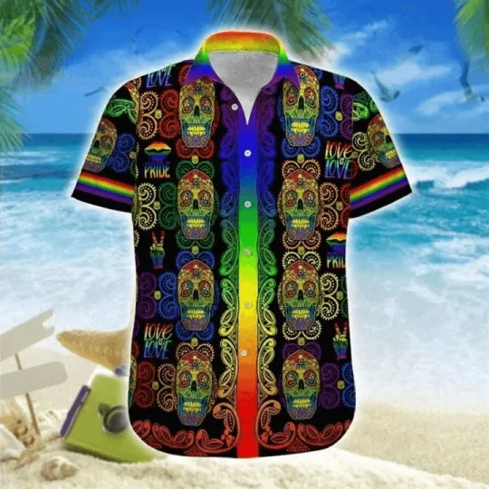 Discover LGBT Aloha Hawaiian Shirts For Summer Sugar Skull Love Is Love Rainbow Colorful