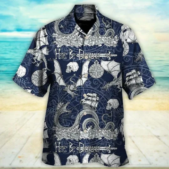 Dragon With Skull Old Ship Sea Life Aloha Hawaiian Shirt For Summer Here Be Dra