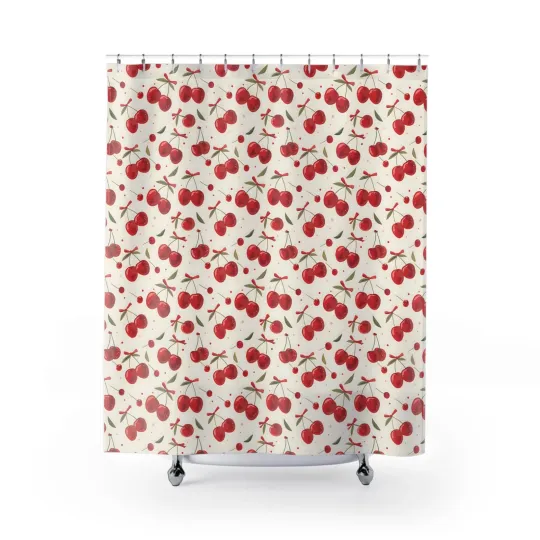 Discover Cherry Pattern Shower Curtain | Red Cherry Bathroom Decor