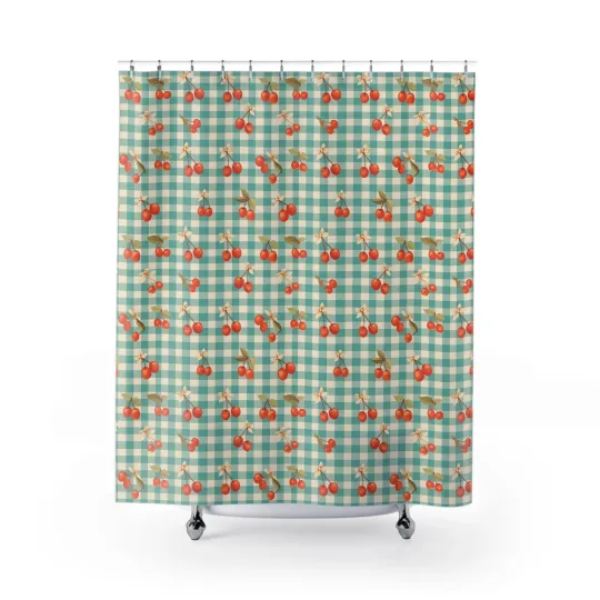 Discover Cherry Gingham Shower Curtain | Retro Red Cherries Plaid