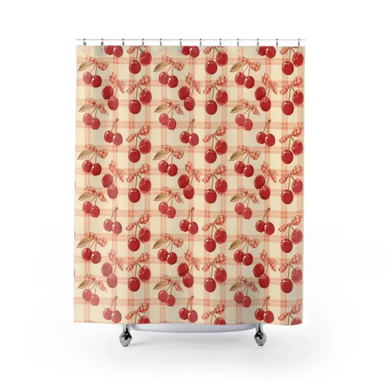 Discover Red Cherry Plaid Shower Curtain | Retro Fruit Pattern