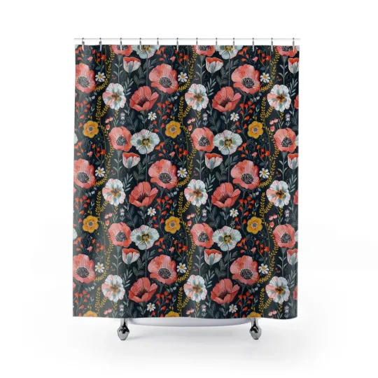 Coral Poppy Floral Shower Curtain, Botanical Pattern Shower Curtains
