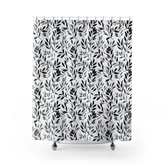 Discover Monochrome Watercolor Leaves Shower Curtain | Botanical Bathroom Curtain