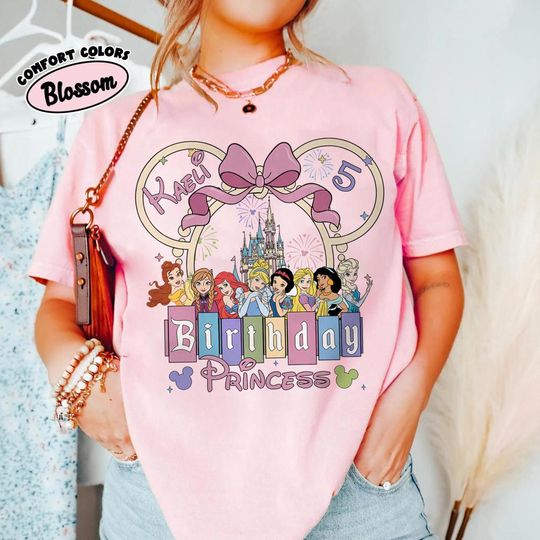 Discover Custom Name Age Disney Princess Coquette Bow Shirt, Personalized Birthday Girl Tee, Disney Castle Shirt, Disneyland Princess Birthday Gift