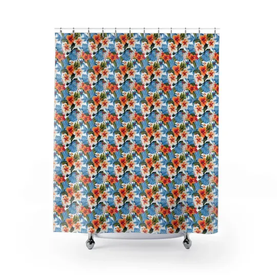 Discover Tropical Hibiscus Pattern Shower Curtain | Floral Beach Leaves
