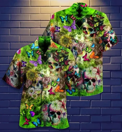 Discover Skull Aloha Hawaiian Shirt For Summer   Skull Love Butterfly Sunflower Hawaiian