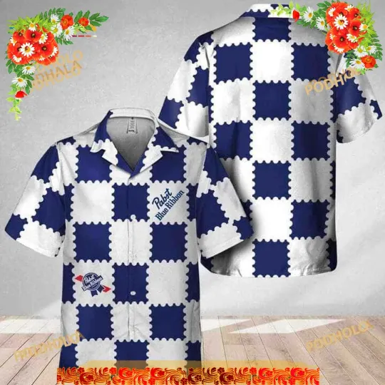 Trendy Gingham Pabst Blue Ribbon Funny Hawaiian Shirt Gift For Beach Trip
