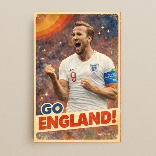 Discover Go England Retro Soccer Poster | Harry Kane Wall Art | England Football Print | 2026 World Cup Decor | Sports Fan Gift