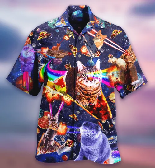 Discover Cat Hawaiian Shirt For Summer Cat Ride Food In Space Galaxy Aloha Shirt Colorful