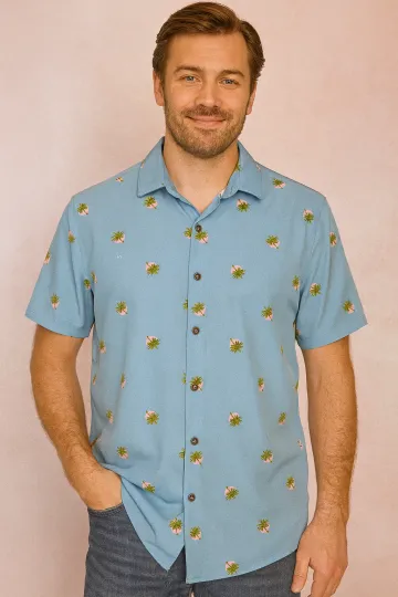 Discover Mens Hawaiian Shirt M Blue Palms Sunset Print Short Sleeve