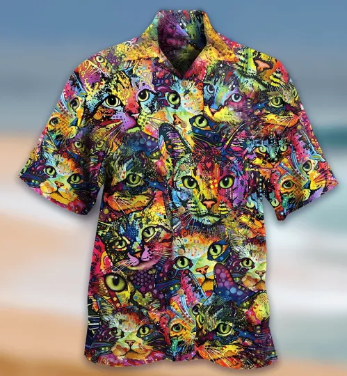 Discover Cat Hawaiian Shirt For Summer Cat Smile Colorful Aloha Shirts Cool Cat Hawaiian