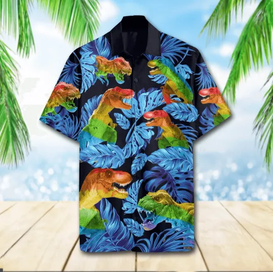 Discover LGBT Aloha Hawaiian Shirts For Summer T Rex Tropical Colorful Rainbow LGBT Hawa