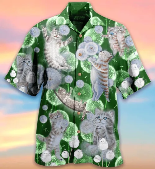 Discover Cat Hawaiian Shirt For Summer Cat Dandelions Happiness Love Dream Hawaiian Shirt