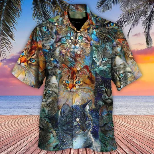 Discover Cat Hawaiian Shirts For Summer Cat Glass Art Colorful Aloha Shirts Best Cool Cat