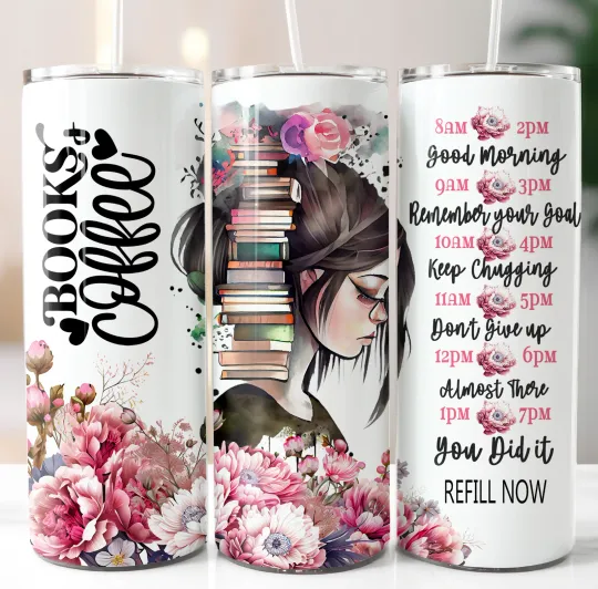 Discover Books and Coffee Tumbler 20oz Double Insulated Stainless Steel W Clear Lid/Straw