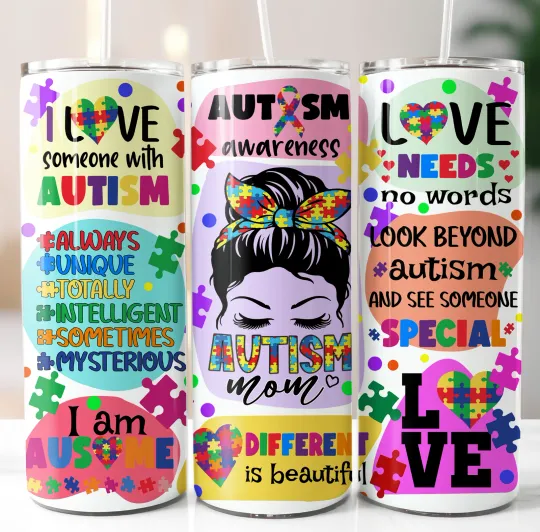 Discover Autism Awareness Tumbler 20oz Insulated Stainless Steel W Clear Lid/Straw