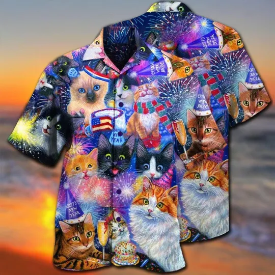 Discover Cat Hawaiian Shirts For Summer Cat Firework Aloha Shirt Cat Wish You Happy New