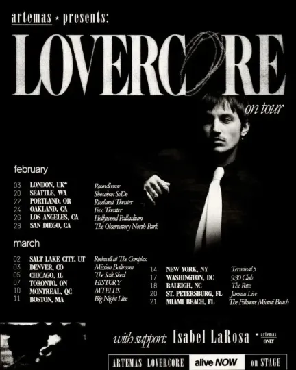 Discover Artemas LOVERCORE Tour 2026 Concert Poster