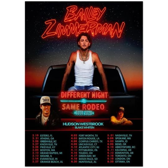 Discover Bailey Zimmerman Different Night Same Rodeo Tour 2026 Poster