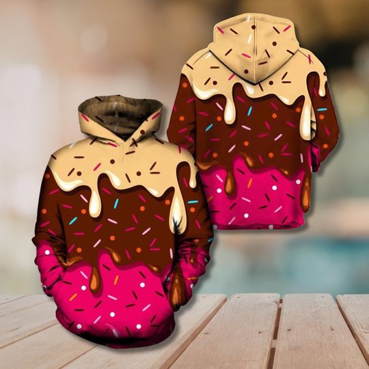 Discover Donut 3D All-Over Print Hoodie with Sprinkle Drip and Chocolate Frosting Pink