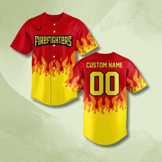 Discover Personalized Firefighters Baseball Jersey Shirt with Custom Name and Number, Flame Design Team Top