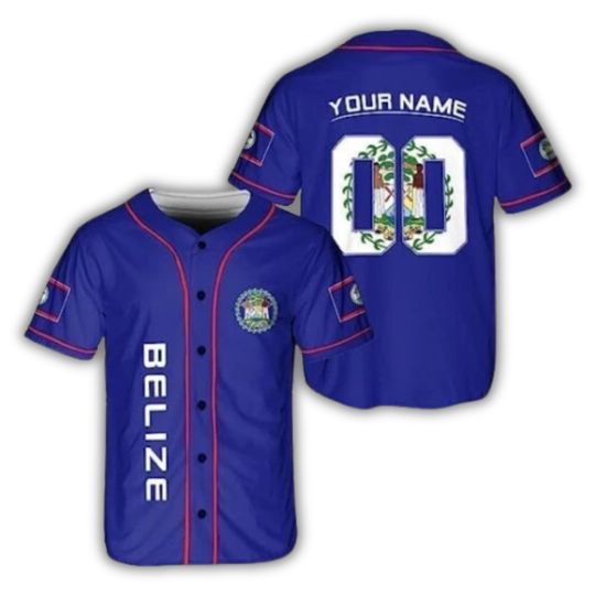 Discover Belize Baseball Jersey with Custom Name & Number, Blue Flag Seal Button-Up, Personalized Country Pride Team Shirt