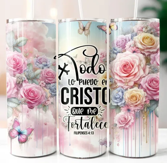 Discover Spanish Religious Tumbler with Lid and Straw