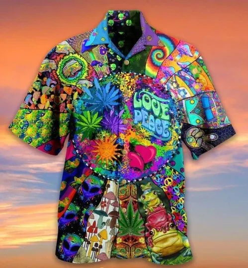 Discover Hippie Love Peace Print Hawaiian Shirt