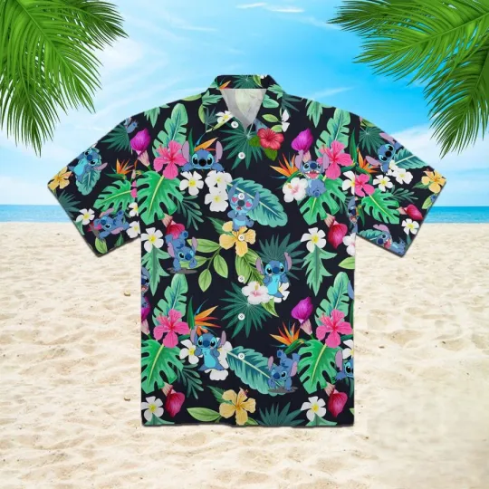 Discover Disney Stitch Black With Colorful Flower Hawaiian Shirt