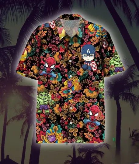 Discover Disney Marvel Superheroes Tropical Summer Black Hawaiian Shirt