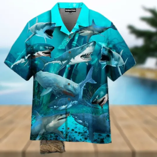 Discover Shark Blue On The Beach Aloha 3D Hawaiian Shirt For Men And Women