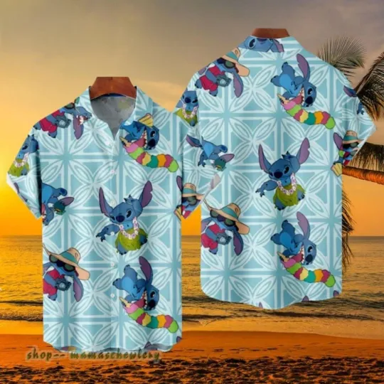 Discover Disney Funny Stitch Beach Tropical Summer Blue Hawaiian Shirt