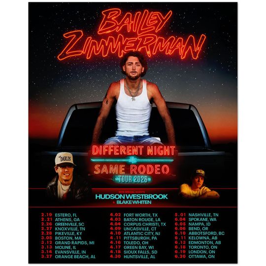 Discover Bailey Zimmerman Different Night Same Rodeo Tour 2026 Concert Poster